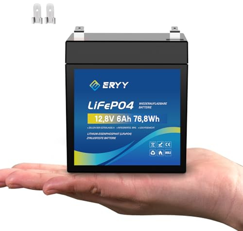 ERYY LiFePO4 Batterie 12V 6Ah, 4000+ Zyklen Mini-Lithiumbatterie mit 8A BMS, Leichte wiederaufladbare Freizeitbatterie für Camping, Solarenergiespeicher, Überwachungskameras, Fischfinder, Router