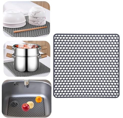 Wekuw Tapis D'évier de Cuisine 26.5 * 26.5cm Tapis Evier Cuisine Gris Tapis Egouttoir Vaisselle Decoupe Antidérapant Tapis D'évier Tranchable,Tapis D'egouttage Evier pour Fruits, Légumes et Couverts