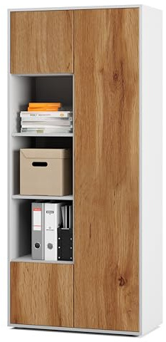 SIMPLYFURN Büroschrank Amira T30, Weiß/Eiche Wotan, 181x80x40 cm | 3 offene Fächer, Push-to-Open, Aktenschrank und Mehrzweckschrank für Homeoffice