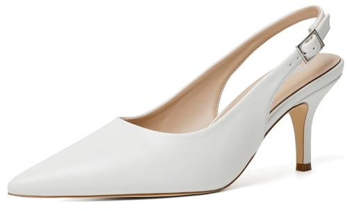 RIBONGZ White Heels for Women Slingback Kitten Heels Closed Pointed Toe Ankle Strap Low Heeled Sexy Pumps Wedding Bride Guest Party Evening Prom Formal Herls Dressy Shoes 8