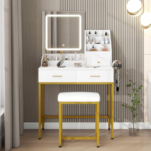 YOURLITE Dressing Table with Lighted Mirror and Lights, Compact Vanity Table with Drawers for Bedroom, White Modern Makeup Desk with Hair Dryer Rack Open Storage Sections and Cushioned Stool