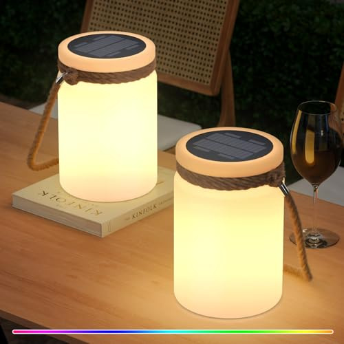 RWWR Solar Outdoor Lampe Kabellos LED Tischlampe Dimmbar Campinglampe mit Fernbedienung für Balkon Garten Hof