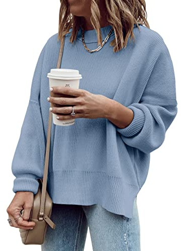 Saodimallsu Jersey de manga larga para mujer, cuello redondo acanalado, abertura lateral, suéter de punto para otoño e invierno, azul, XL