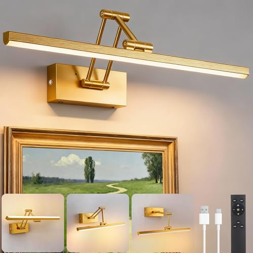 Lightess Picture Lights for Wall, 20'' Rechargeable Picture Light Battery Operated with Dual-Rods Swing Arm, 3 Color Dimmable Frame Lights for Painting Gallery Portrait, Gold