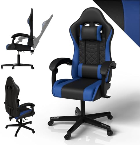 Juskys® Gamingstuhl HyperSeat, Höhenverstellbar, 63 x 67 cm, schwarz/blau | verstellbare Rückenlehne & gepolsterte Armlehnen, Kunstleder, ergonomisch & belastbar, mit Gasdruckfeder, Bürostuhl