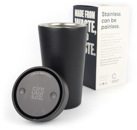 Circular&Co 12oz / 340ml Stainless Steel Travel Mug – Reusable Coffee Cup – Double Wall Insulated, Leakproof & Sustainable Cup for Hot or Cold Drinks - Ink Black