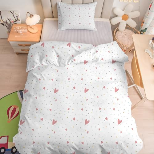 Parure de lit pour Enfant et BéBé Cœur Rose - Housse de Couette 100x135 cm Pois Colorés avec Taie d'oreiller 40x60 cm, Linge de Lit Bebe Doux pour Bebe/Tout-Petit