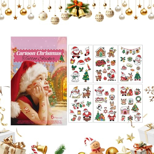 Temporäre Sticker Kinder - 6 Stücke Weihnachts Augen Sticker Set - Strumpfbehälter Cartoon Aufkleber Santa Rentier Schneeflocke für Arm Augen Körper Party Deko Kinder