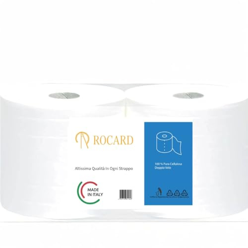 Rocard® – Maxi Carta – 2 Rotoloni Asciugatutto, Super Assorbenti, 2 Veli Pura Cellulosa con Microgoffratura, Fino a 1600 Strappi – Ideale per Uso Alimentare, Domestico e Professionale