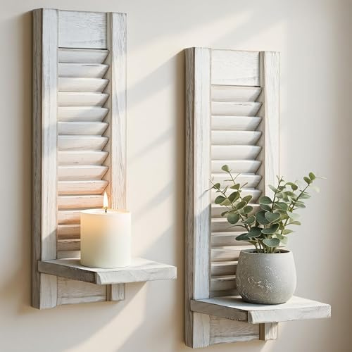 Candle Sconces Set of 2: Farmhouse Wall Candle Holder, Distressed White Wood Wall Sconces Set of Two,Handmade Wooden Art Decor for Living Room, Dining Room, Bathroom, Bedroom, or Entryway, 15.7x5