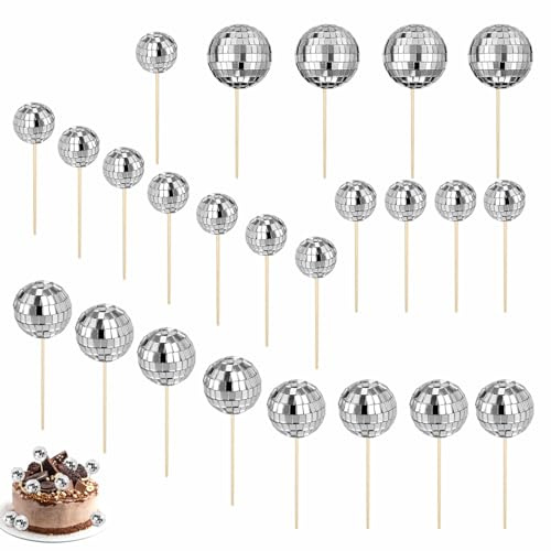 24 Pezzi Decorazioni Torte Discoteca, Decorazione per Torte a Forma di Palla da Discoteca, Palline Da Discoteche per Feste Discoteca Danza Anni '70 '80 '90