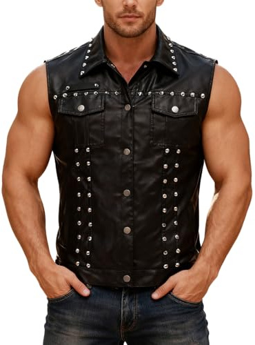 YOSUWOAI Chaleco de piel sintética para hombre, chaleco de piel sintética, estilo punk, chaleco para fiesta, club, ajustado, sin mangas, chaleco de motorista, estilo vintage, hip hop, ropa de calle, O