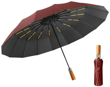 Fryloo Paraguas Plegable Automático De 32 Varillas, Viaje Negocios A Prueba Viento con Mango Madera, Sombrilla Dosel Grande Y Protección contra La Lluvia para Hombres Mujeres