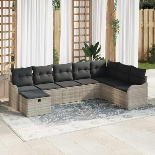 Hoopleep Garten-Sofa-Set mit Kissen, 8-teilig, Hellgrau Poly-Rattan, Modulares Loungeset für Terrasse, Außenbereich Möbel mit Stauraum