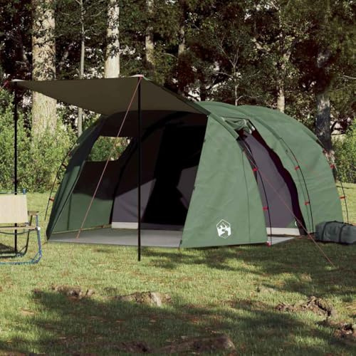 Tunnelzelt 4 Personen Grün, Wasserdichtes Campingzelt mit PU-Beschichtung, 2 Schlafkabinen, Sonnendach, E-Anschluss, Tragetasche für Outdoor Abenteuer