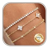 CASSIECA 3 Pcs Pulsera Plata Mujer de Ley Pulsera Circonitas Estilo Tenis Ajustable Chapada Oro de 14 Quilates Pulsera Cuentas Multiples Cadena Apilable Regalos de Joyería para Mujer