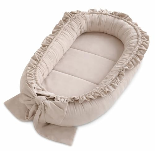 Babynestchen Neugeborene – Babynest Velvet – Nestchen Baby für Babybett & Kinderbett – Babykokon Tragbar – OEKO-TEX zertifiziert – Zubehör Babybett – Sand Velvet