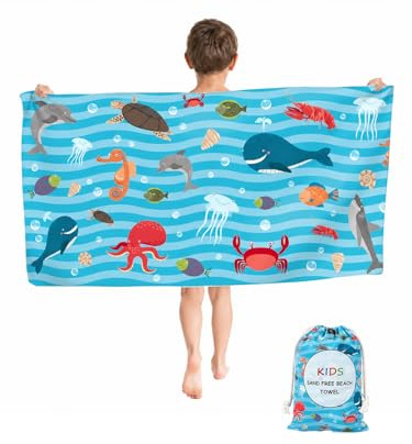 Rowjoy Asciugamano per Bambini in Microfibra, Asciugamani da Spiaggia Senza Sabbia, 60x120cm, Asciugatura Rapida, Asciugamano da Bagno per Bambini per Viaggi, Nuoto e Doccia (Blu-Pesce)
