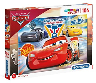 Clementoni 27072 Supercolor Cars 3 – Puzzle 104 Teile ab 6 Jahren | buntes Kinderpuzzle mit besonderer Leuchtkraft & Farbintensität, Geschicklichkeitsspiel für Kinder