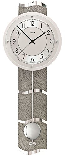 AMS 5216 Wanduhr Funk Funkwanduhr mit Pendel Silbern Pendeluhr mit Stein Optik