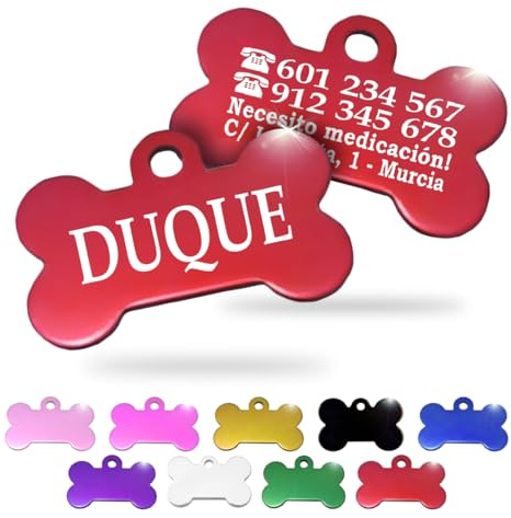 Ibera Gifts - Chapa Perro Grabada en Forma de Hueso, Placa Perro Personalizada para Perros y Gatos Medianos y Grandes, Tamaño 40 x 26 mm, Chapa Identificativa Perro y Gato (Roja)