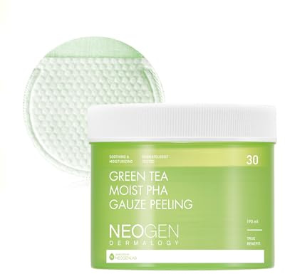 DERMALOGY by NEOGENLAB Green Tea PHA Gauze Peeling Pads (30 pads) – Exfoliating and Cleansing Facial Pads with AHA, BHA and PHA – Korean Skincare K-Beauty