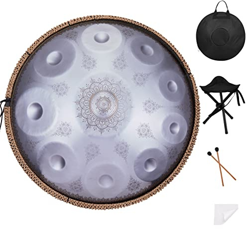 Handpan-Premium 432HZ 22 Inches 10 Notes D Minor Steel Hand Pan Drum Set,Silver Print Adults Handpan Drum