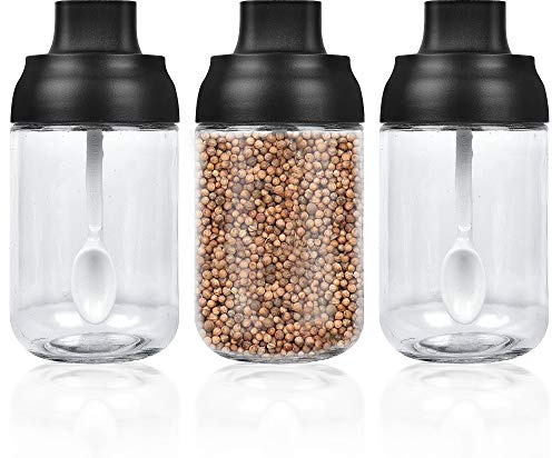 Supkiir Spice Containers Glass, 3Pcs Kitchen Glass Condiment Containers with Lids 8 oz Spice Jars, Small Spoons for Spice Jars Moisture-Proof Seasonings Container Set for Storage Spices