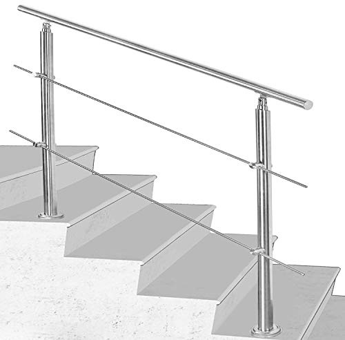 SWANEW Pasamanos escalera acero inox 160 * 4.2 * 106.5cm,2 barras,barandilla con kit de instalación,para interiores y exteriores, escaleras, balcón, balaustrada
