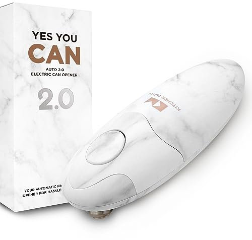 Abrelatas eléctrico Auto 2.0 de Kitchen Mama: Su cuchilla mejorada abre casi cualquier lata. Abridor automático, manos libres, bordes lisos, apto para alimentos, funciona con pilas ((Mármol Blanco)