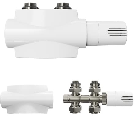 Heilmetz Multiblock Set für Heizkörper Anschlussarmatur mit Thermostat 50mm Ventil-Armaturen Heizungszubehör Eck- und Durchgangsform Wandanschluß Anschlußgarnitur (16mm & 15mm, 1 Stück, Weiß | Typ 2)