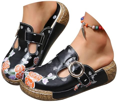 ticticlily Sabots Femme Compensées Clogs Mules Plates Plateforme Sandales en Cuir Eté Pantoufles Chaussures Confort pour Pieds Larges Noir 37 EU