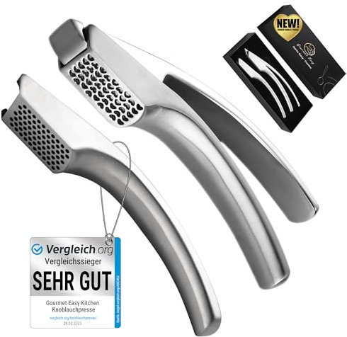 Knoblauchpresse Edelstahl Set mit 2 Aufsätzen | Knoblauch Presse für Knoblauchpaste & Stücke | Garlic Press für Knoblauch & Ingwer (kein Schälen notwendig) | Spülmaschinenfest 5 Jahren Garantie
