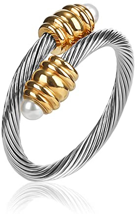 FOCUSTEEL Cable Ring, a Cuff Pearl Ring Designed to Fit Finger Circumference Between 70mm-90mm