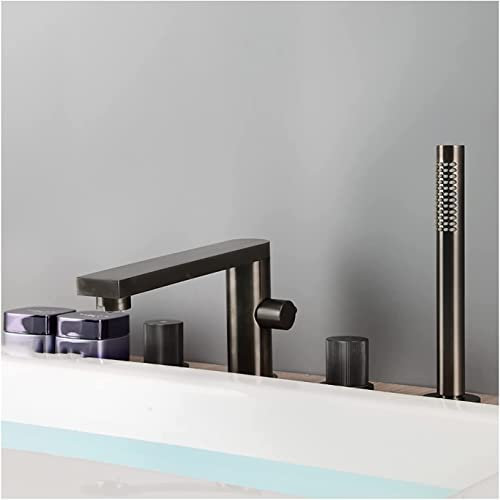 YRUIIA Badewannenarmatur mit Handbrause, Wannenarmatur Deck Montiert Badewanne Wasserhahn Messing Wannenbatterie Doppelgriff 4 Löcher Wannenmischer,Grau
