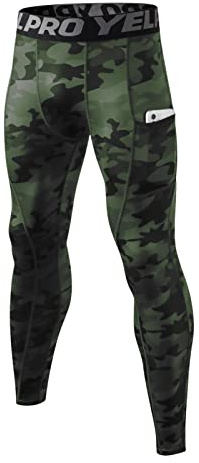 Ruowuhen Kompressionsbyxor för män med fickor, sportleggings, löparbyxor, snabbtorkande fitness, funktionella underbyxor, tights, Kamouflage grön, S