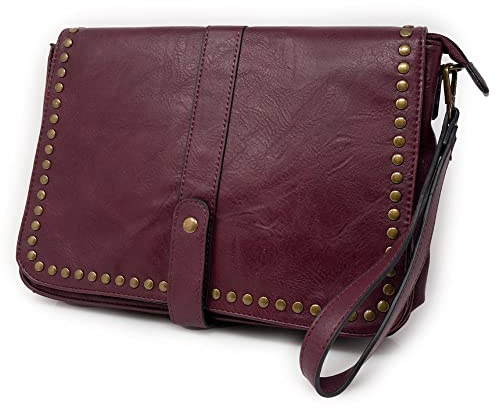 Borsa tracolla con borchie da donna ragazza borsetta a mano borchiata postino lavoro passeggio giorno sera maniglia polso di moda tendenza in ecopelle Bordeaux
