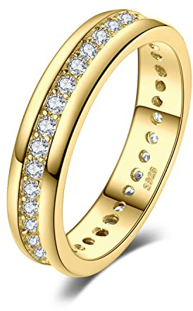 JewelryPalace Bague de Fiançailles Femme Alliance, Canaux Zircone Cubique en Bagues Argent 925 Mariage Promise Band Éternité Canal Ensembles Cadeau Anniversaire, Plaqué Or Jaune Bijoux femme