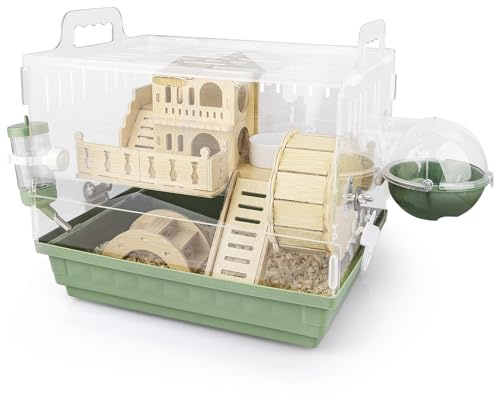 Cycodo 8 in 1 Acrylic Hamster Cage,2-Tier Dwarf Hamster Cage with Wooden Wheel & Hideout,Small Hamster Habitat with Accessories,Clear Pet Mice House(Green,14 L*10 W*11 H)