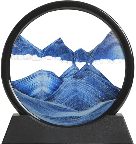 KPNUWN Moving Sand Art Liquid Motion, 3D Deep Sea Sandscape Color Quicksand Decor, Round Glass Moving Sand Art Picture Relaxing Desktop Home Office Work Decor (Blue, 7 inch)