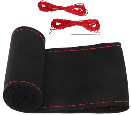 A ABSOPRO Handgenähte Lenkradabdeckung Schwarz 1 Stk Für Lenkrad Wildleder | 32-35cm, Breite 10.5cm, Stichfarbe Rot, Inklusive 2 Nadeln Und 2 Fäden, DIY