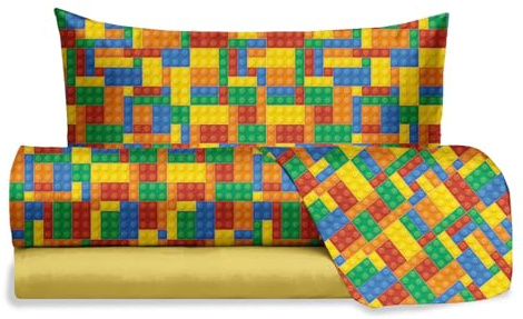 hermet Jolly - Juego de sábanas para Cama Individual, diseño de Ladrillos Lego, 100% algodón, sábana encimera + sábana Bajera + Funda de Almohada, Estampado para Dormitorio
