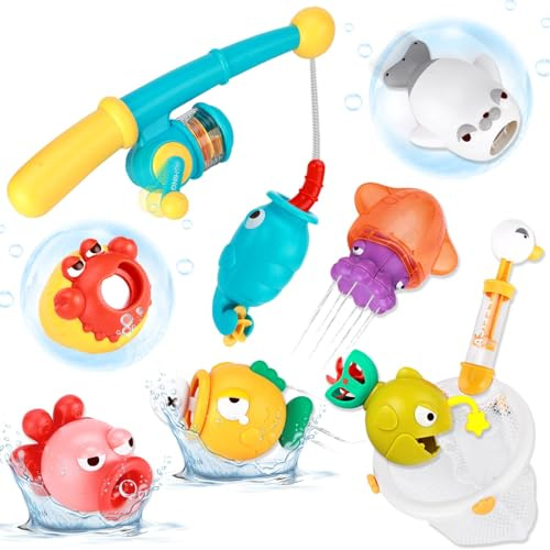 VBACALA Juguetes de Baño Bebe de 1 2 3 Años,Juguete de Bañera Juego de Pesca, Juguetes Baño con Cañas de Pescar Pistolas de Agua Red de Pesca Imán Peces Agua Juguete Niños Juguete Regalo Niña Niño