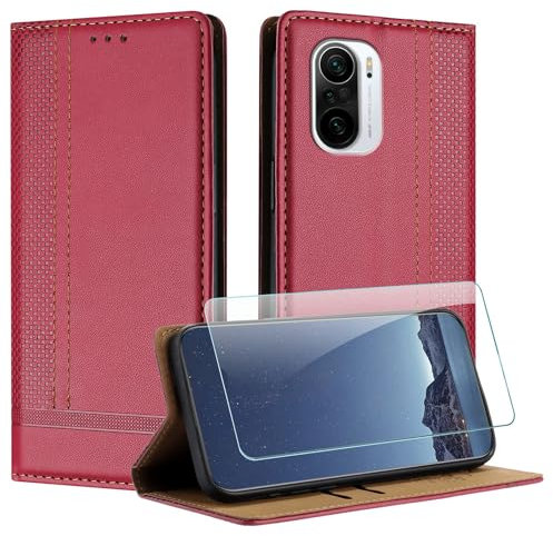 JayModCase Funda para Xiaomi Redmi K40/K40 Pro/mi Poco F3 con Protector Pantalla, Flip Leather Ranura Tarjeta Magnético Wallet Carcasa con Cierre magnético Soporte Plegable para Xiaomi Poco F3 - Rojo