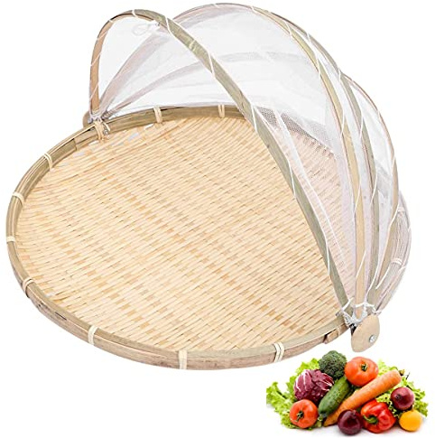 Bambus Picknickkorb mit Fliegenhaube und Abdeckhaube für Essen, Brot, Obst und Gemüse - tragbare runde Küche Picknickaufbewahrung