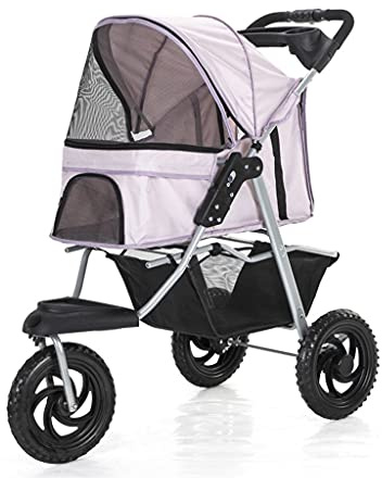 Hundebuggy, 3 Räder, Haustierbuggy für Katzen/Hunde, Hundetransporter für mittelgroße und kleine Hunde mit großen Rädern, faltbarer Hundebuggy mit Getränkehalter, Tragkraft 25 kg (Schwarz) (Pink)