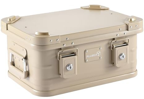 Alubox Alukiste abschließbar E18S SAHARA sand beige - Premium Lagerbox 18 Liter - Materialstärke 1mm - Deckel mit Aluminium Druckguss Stapelecken und Gummidichtung - inklusive Schlösser - lackiert
