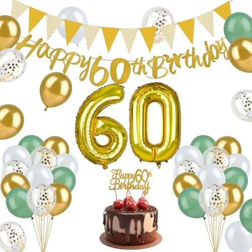 OctBird 60. Geburtstag Deko Set, Luftballons Geburtstag Dekoration Se mit Banner und Konfetti, 60 Stück, Grün, Gold, Inkl. Luftballons Grün Gold,Banner, Konfetti
