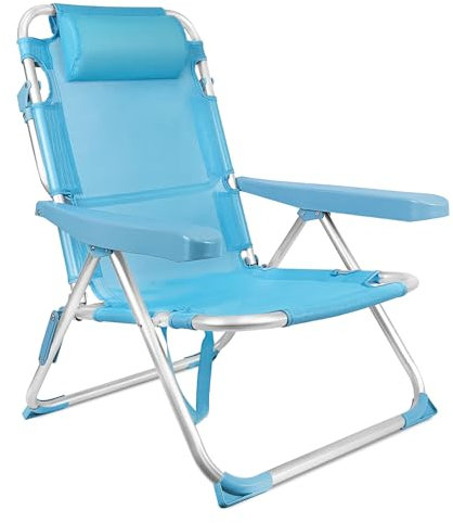 TIENDA EURASIA – Silla de Playa Plegable | Azul Turquesa | Estructura de Aluminio y Textileno | 4 Posiciones | con Cojín reposacabezas | Medidas 60x22x85.5 cm | para Peso Máximo de 110Kg