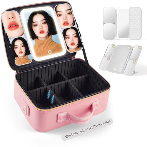 saiggnyy Mid-Size Makeup Bag with LED 1X5X10X20X30X Magnifying Mirror and Travel Makeup Train Case Cosmetic Organiser with Mirror and Separate Makeup Brush Panel, Portable Adjustable Divider, Pink